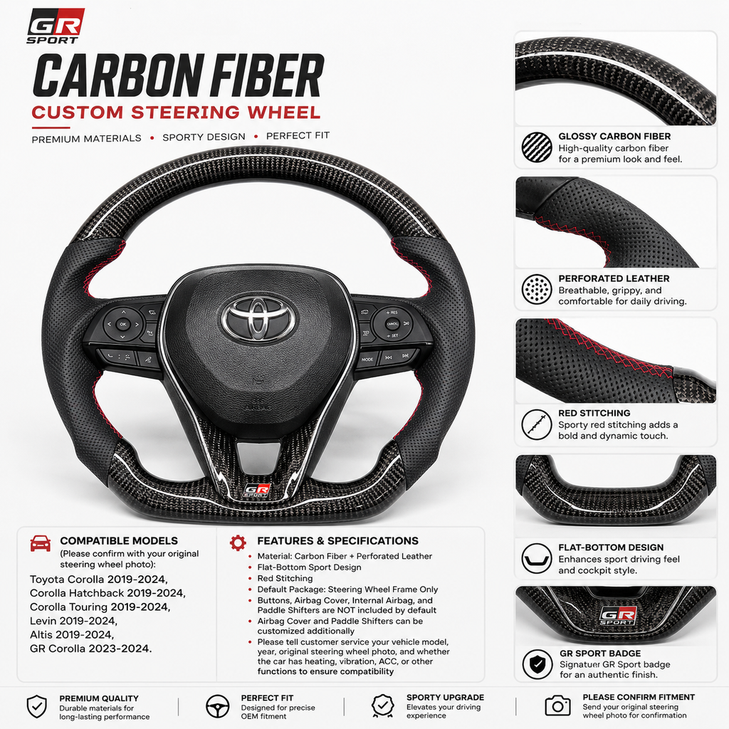 Custom Toyota Corolla Hatchback 2019-2024 steering wheel featuring glossy carbon fiber construction, perforated leather sections and sporty red stitching by CJ Mod Garage
