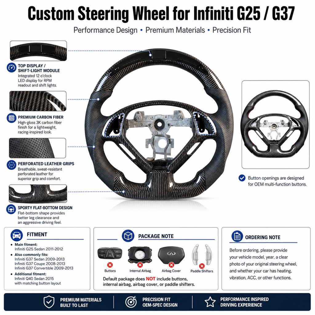 Infiniti G25 G37 custom carbon fiber steering wheel featuring LED shift light module perforated leather grips and racing inspired design by CJ Mod Garage