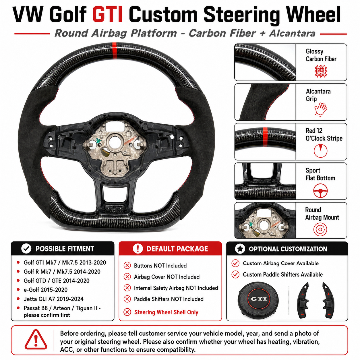VW Golf GTI Mk7 and Mk7 5 2013 to 2020 carbon Alcantara steering wheel shell fitment sheet CJ Mod Garage
