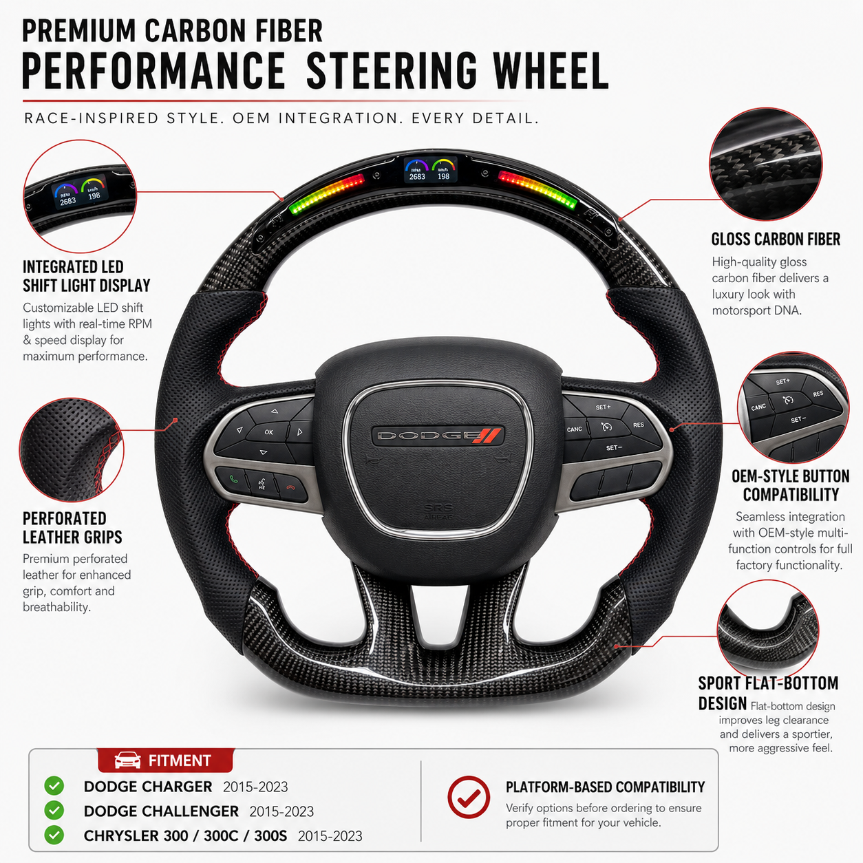 For Dodge Charger Challenger Hellcat Charger Durango SRT RT GT 2015-2023 Carbon Fiber Steering Wheel - CJ Mod Garage 29