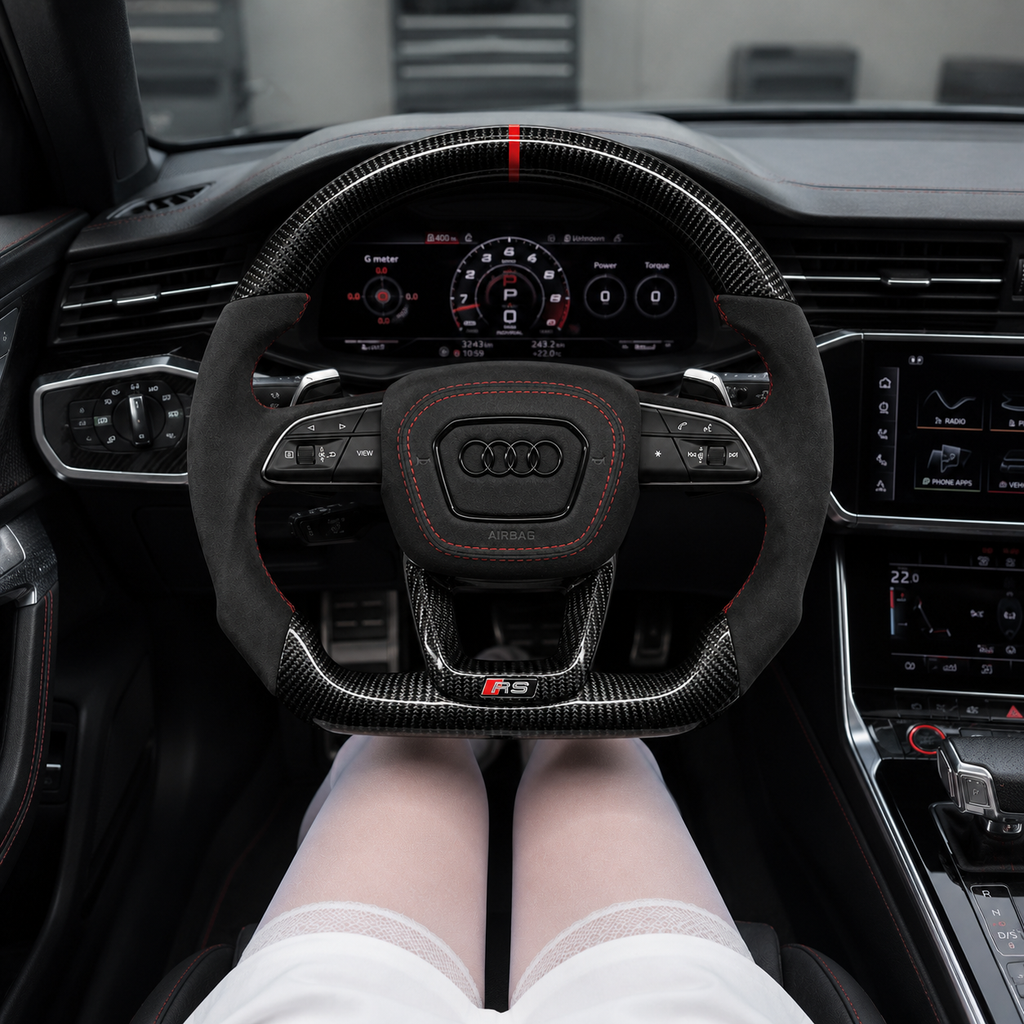 Audi RS gloss carbon fiber suede steering wheel - installed in car interior driver view