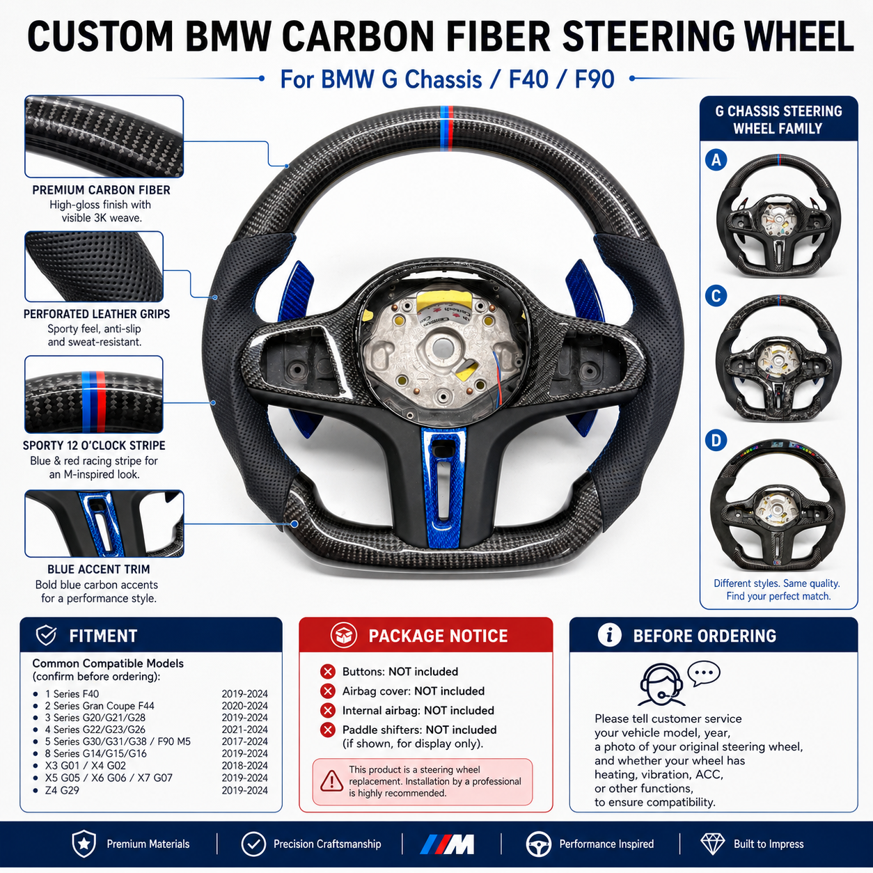 CJ Mod Garage BMW custom carbon fiber steering wheel product infographic featuring premium gloss 3K carbon fiber, perforated leather grips, blue forged carbon accent trim, sporty M-inspired 12 o’clock stripe, flat-bottom racing design, and compatibility with BMW G02 G05 G06 G09 G11 G12 G15 G20 G22 G28 G29 G30 G38 G80 G82 F40 F90 models