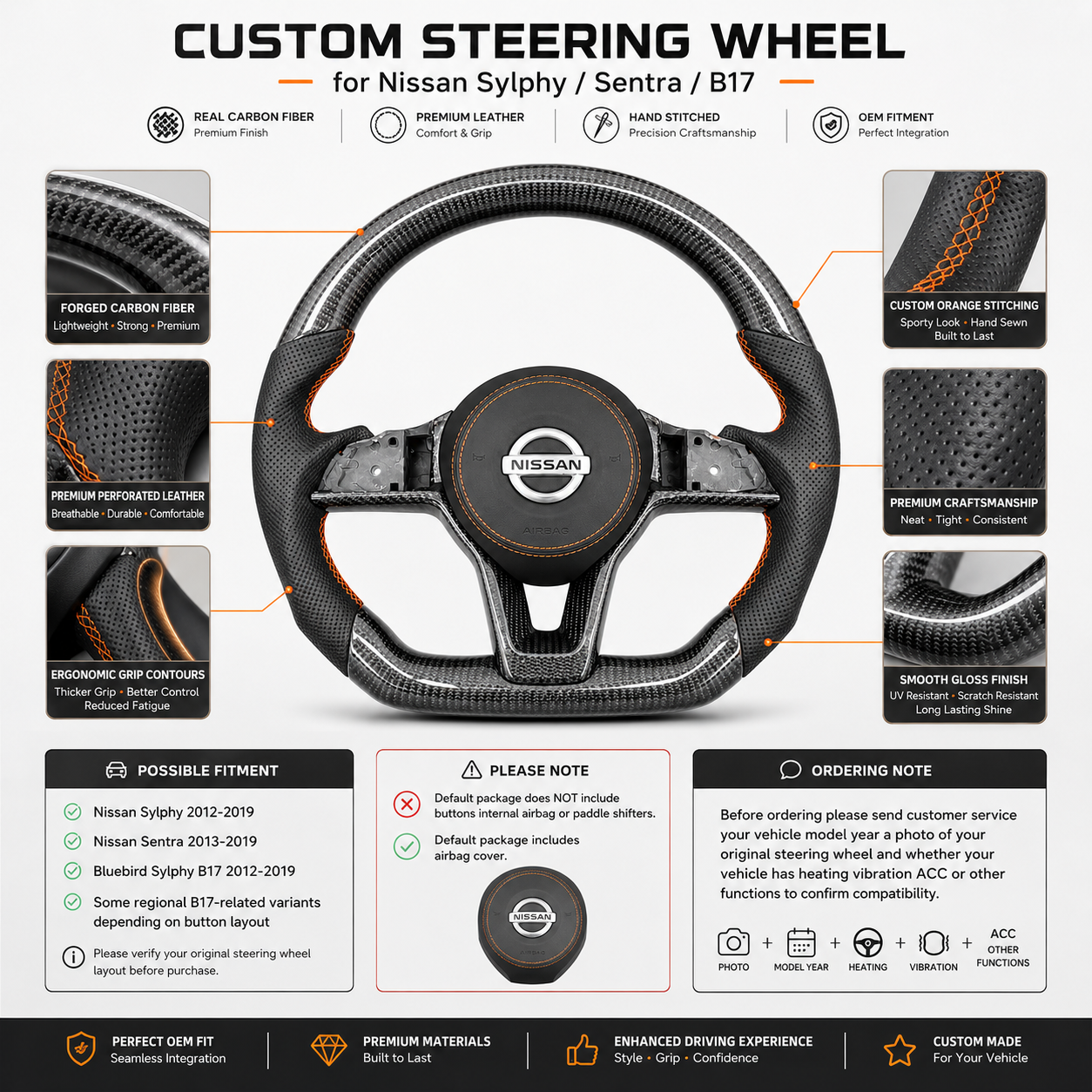 Nissan Sentra B17 forged carbon fiber steering wheel featuring premium perforated leather ergonomic grip contours and orange stitching by CJ Mod Garage
