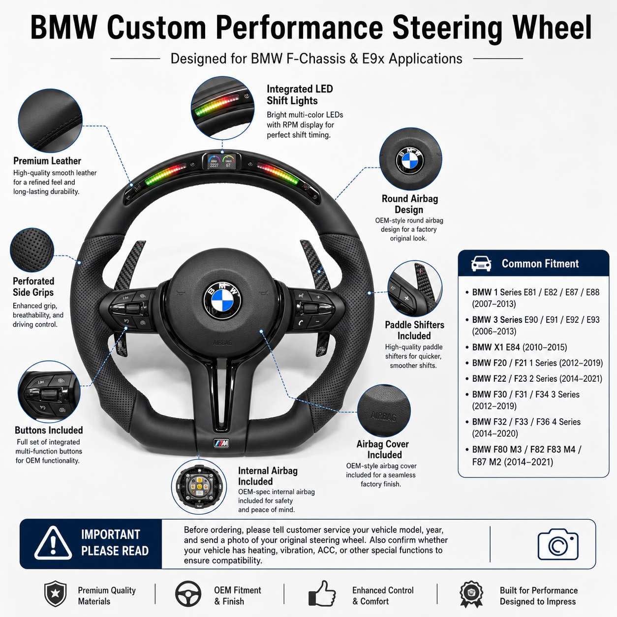 For BMW F10 F11 F15 F18 F20 F23 F25 F30 F32 F35 F40 F80 E84 E87 E90 E92 E93 2005-2019 Nappa Leather/Alcantara Steering Wheel - CJ Mod Garage 2