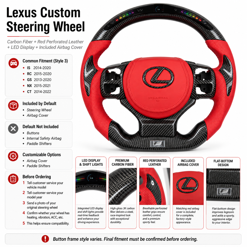 Custom Lexus Carbon Fiber Steering Wheel Featuring Integrated LED Shift Lights Red Leather Grips Included Airbag Cover And Flat Bottom Design For Lexus IS 2014 2020 RC 2015 2020 GS 2013 2020 NX 2015 2021 CT 2014 2022 CJ Mod Garage