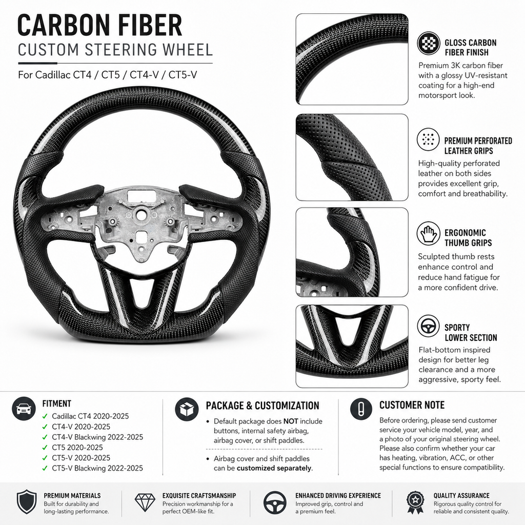 Cadillac CT4 CT5 CT4-V CT5-V carbon fiber steering wheel spec sheet with thumb grips by CJ Mod Garage