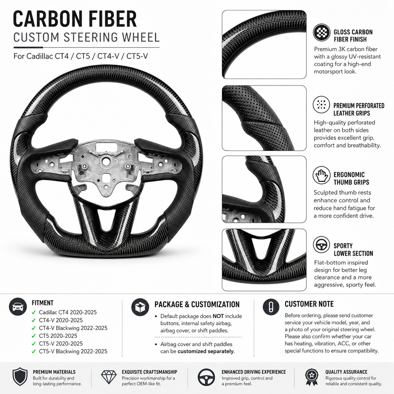 Cadillac CT4 CT5 CT4-V CT5-V carbon fiber steering wheel spec sheet with thumb grips by CJ Mod Garage