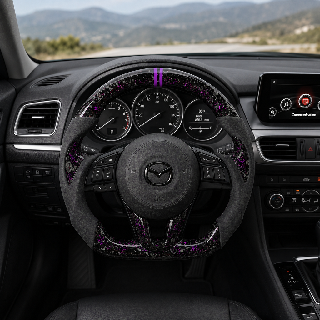 Custom Mazda steering wheel in driver view with purple forged carbon finish black suede grips and dual purple top stripe