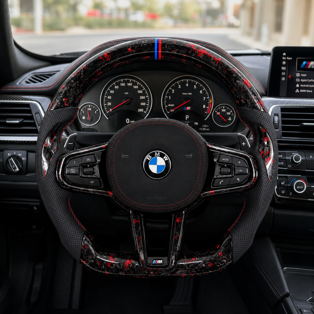 BMW X5 G05 2019-2025 red forged carbon steering wheel cockpit view with M-style center mark by CJ Mod Garage