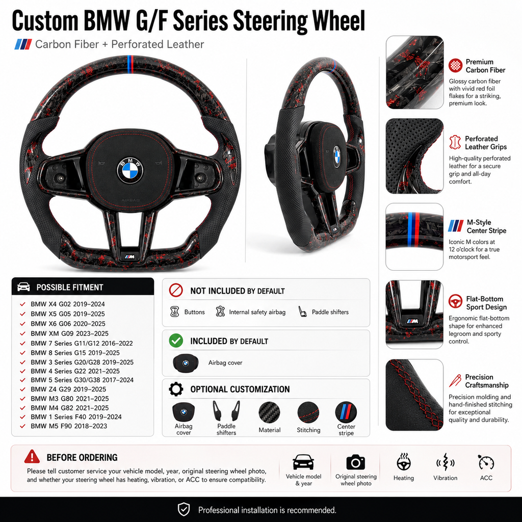 BMW G/F Series 2016-2025 red forged carbon steering wheel detail layout with fitment notes by CJ Mod Garage
