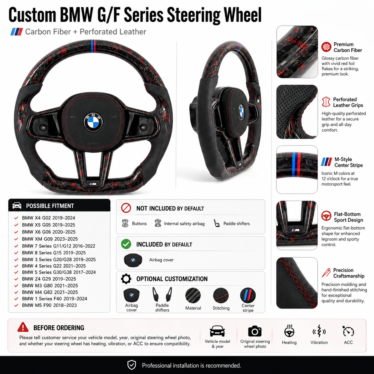 BMW G/F Series 2016-2025 red forged carbon steering wheel detail layout with fitment notes by CJ Mod Garage