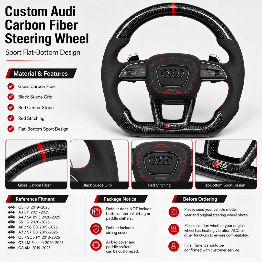 Audi RS gloss carbon fiber suede steering wheel - front view showing full flat-bottom design