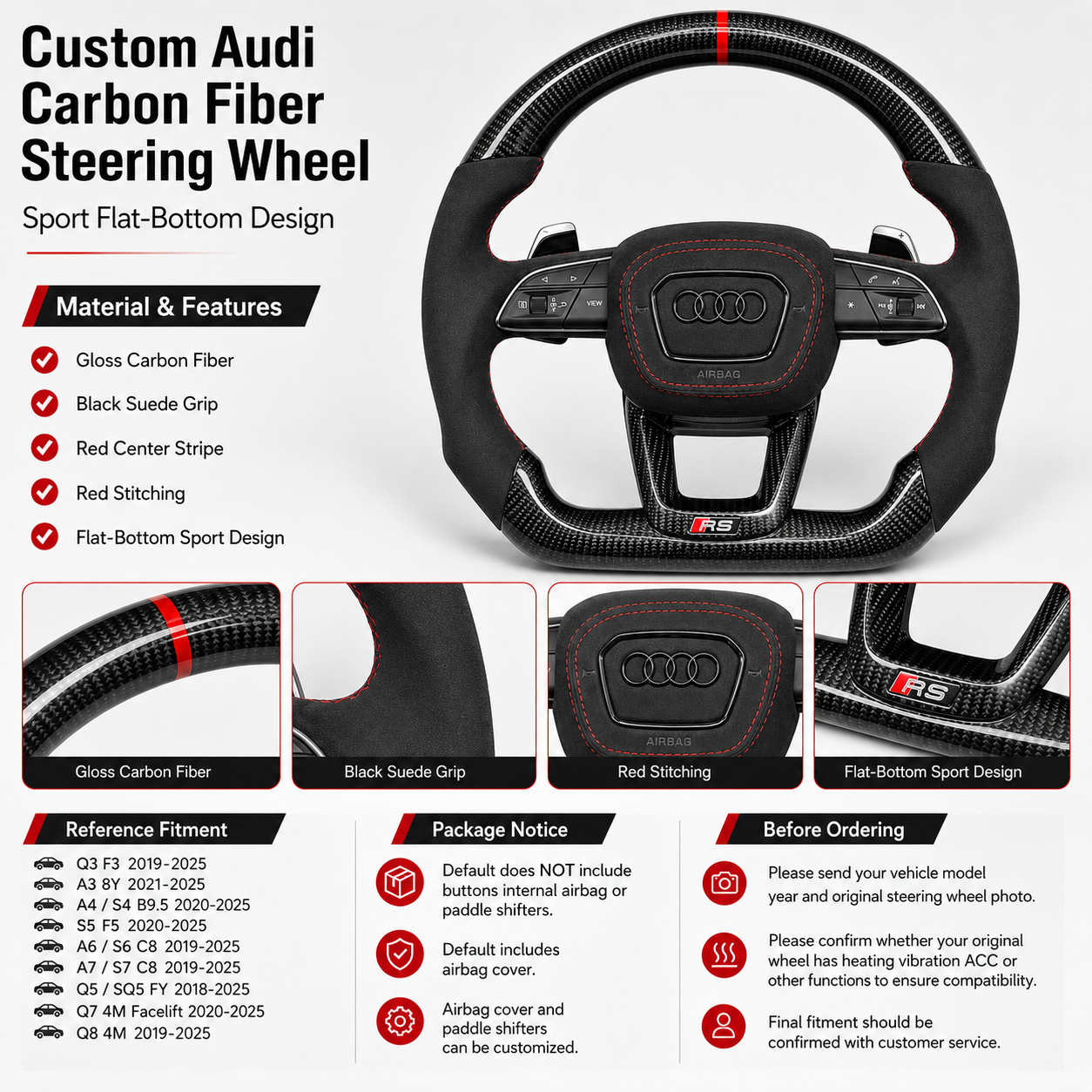 Audi RS gloss carbon fiber suede steering wheel - front view showing full flat-bottom design