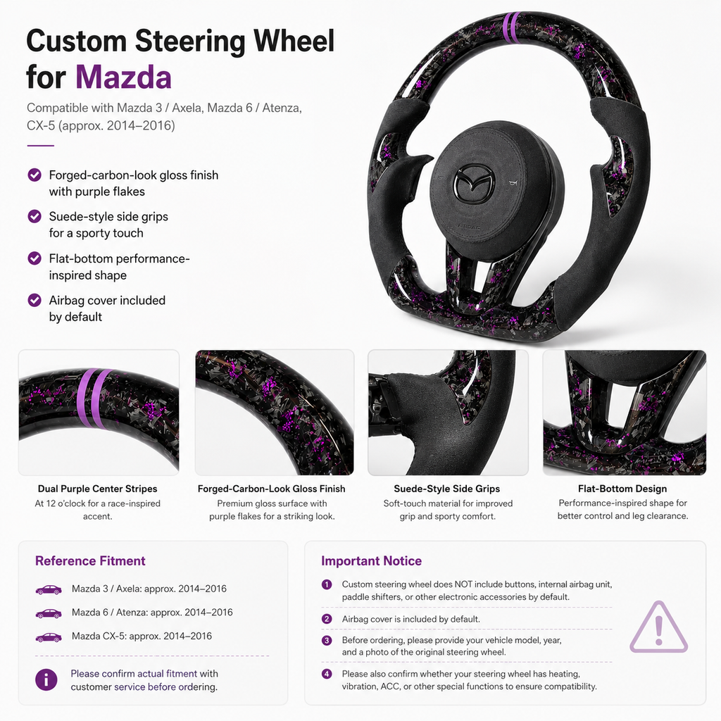 Custom Mazda steering wheel detail poster showing purple forged carbon finish suede side grips flat bottom design and fitment information