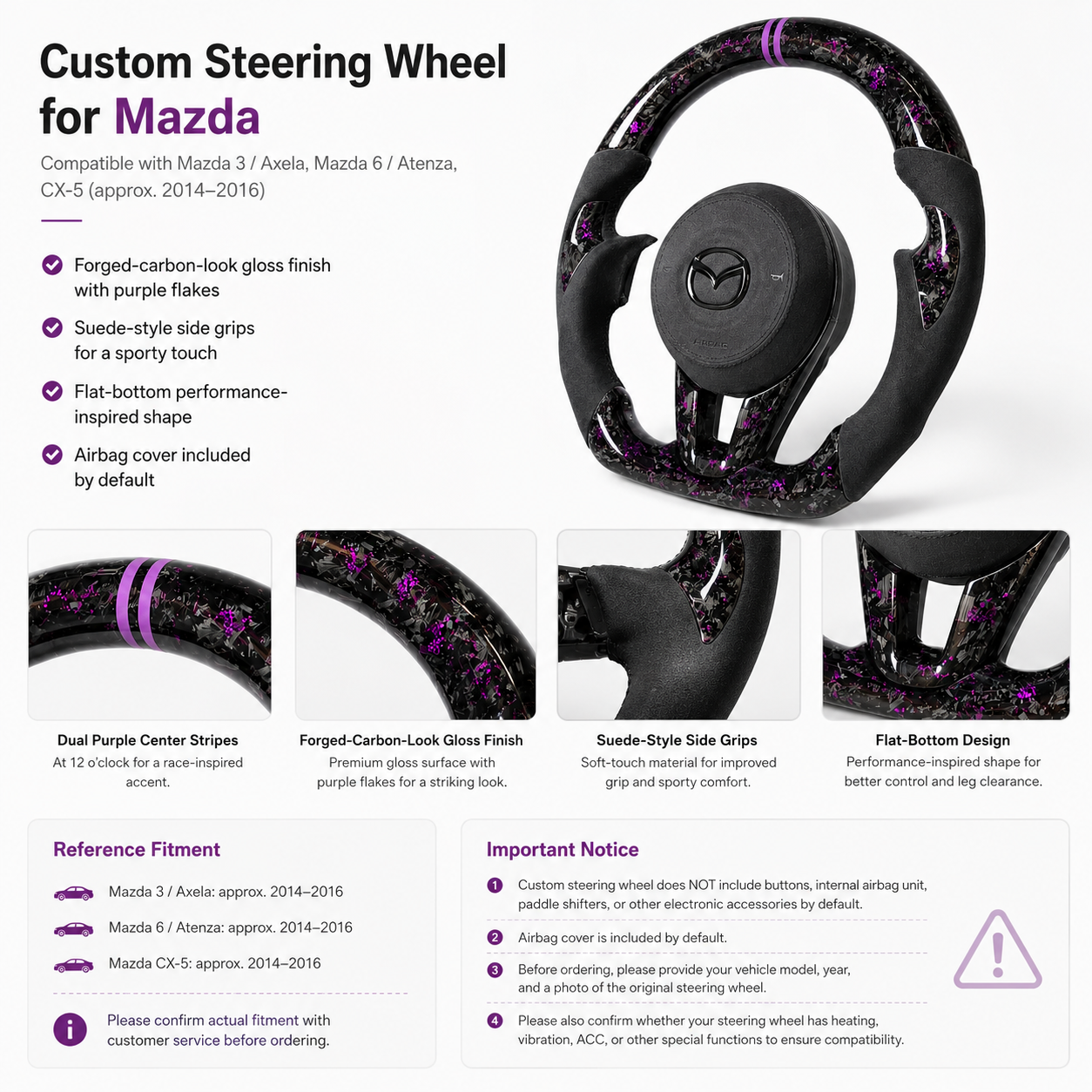 Custom Mazda steering wheel detail poster showing purple forged carbon finish suede side grips flat bottom design and fitment information