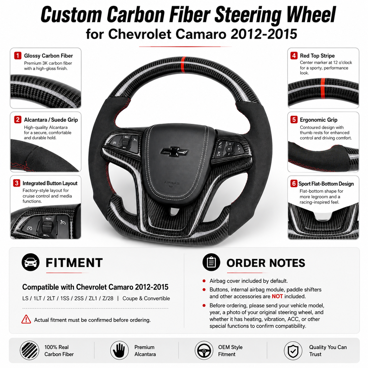 Custom carbon fiber steering wheel for Chevrolet Camaro 2012 2015 gloss carbon fiber perforated leather blue center stripe feature layout and product showcase