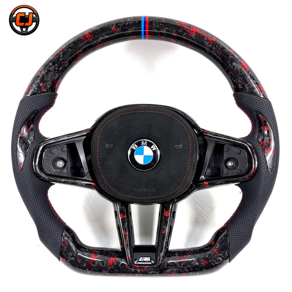 BMW 7 Series G11 G12 2016-2022 red forged carbon steering wheel front view with airbag cover by CJ Mod Garage