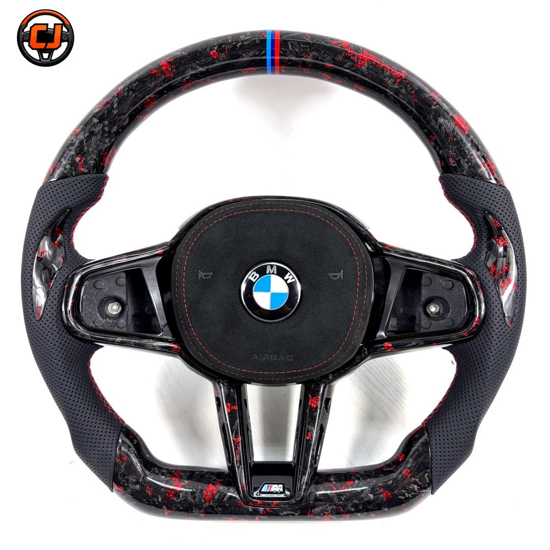 BMW 7 Series G11 G12 2016-2022 red forged carbon steering wheel front view with airbag cover by CJ Mod Garage