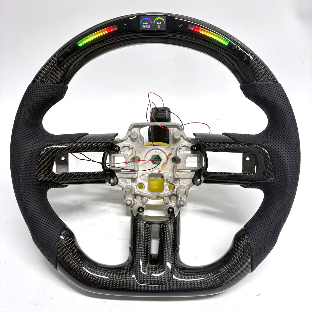 FOR Ford Mustang S550/GT 2015-2023 Carbon Fiber Steering Wheel - Black Carbon Fiber & Black Perforated Leather & LED - CJ Mod Garage &