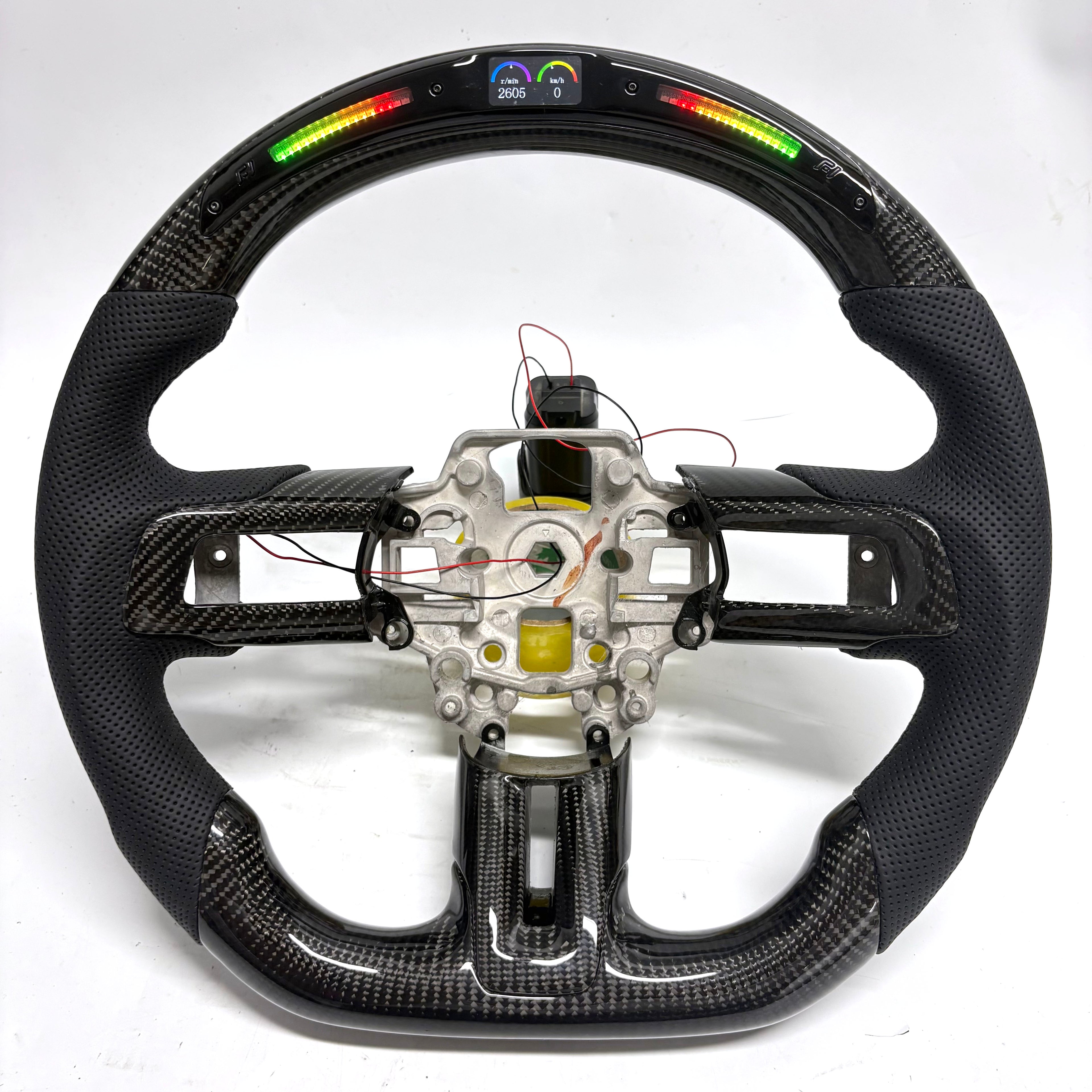 FOR Ford Mustang S550/GT 2015-2023 Carbon Fiber Steering Wheel - Black Carbon Fiber & Black Perforated Leather & LED - CJ Mod Garage &