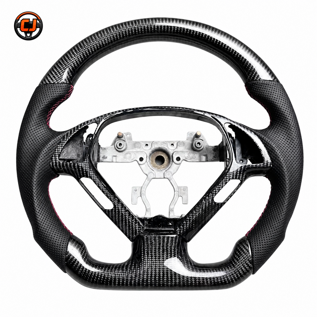 Infiniti G37 carbon fiber steering wheel frame with perforated leather grips glossy carbon finish and OEM button layout by CJ Mod Garage