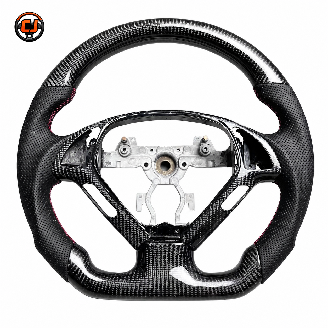 Infiniti G37 carbon fiber steering wheel frame with perforated leather grips glossy carbon finish and OEM button layout by CJ Mod Garage