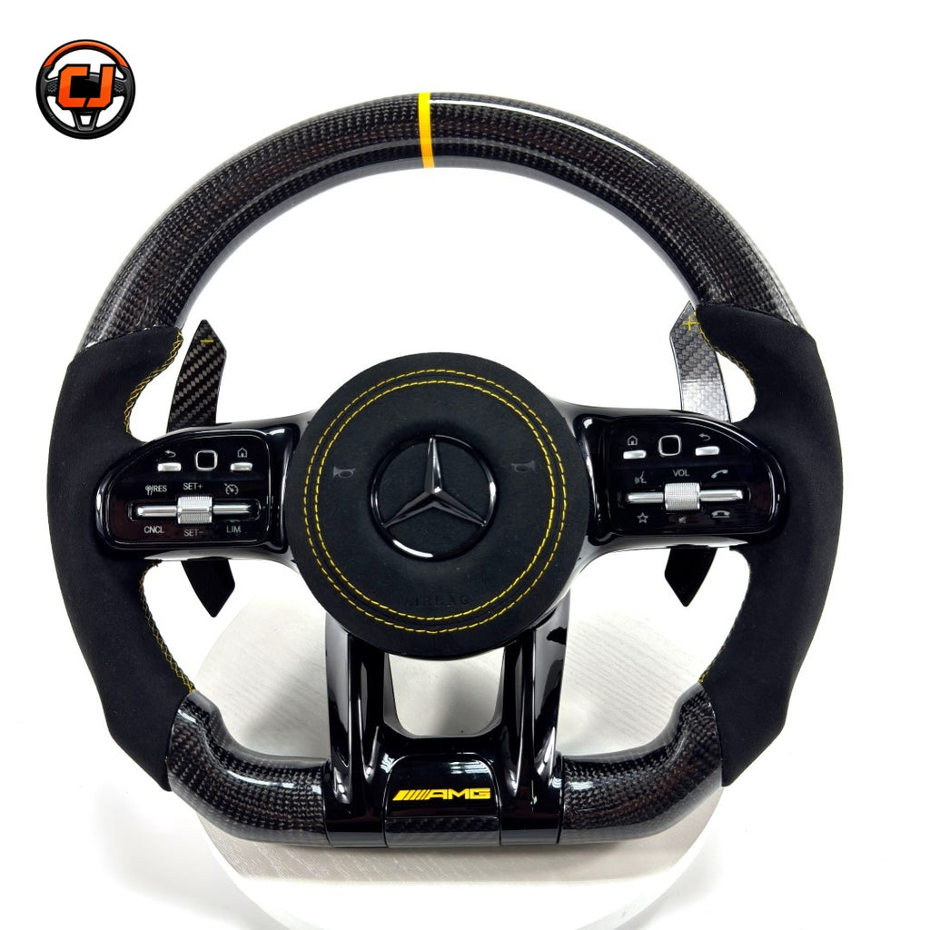Mercedes AMG performance steering wheel with black Alcantara side grips yellow accent stitching for W117 W176 W177 W203 W204 W205 W211 W212 W213 CJ Mod Garage