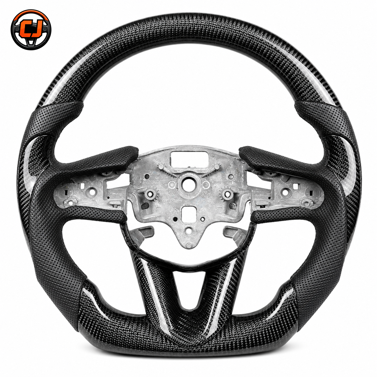 Cadillac CT4 CT5 carbon fiber flat-bottom steering wheel frame with leather thumb grips by CJ Mod Garage
