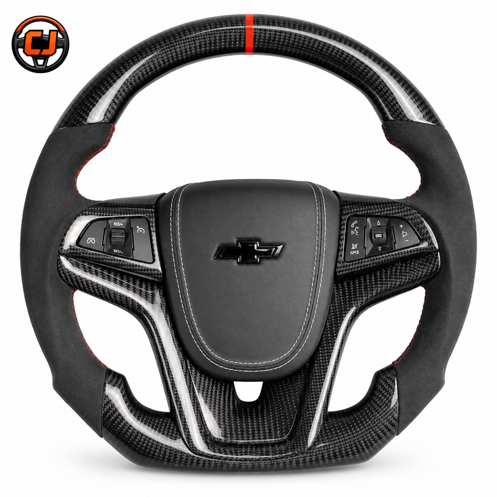 Custom Chevrolet Camaro steering wheel black suede grip carbon fiber frame blue center stripe installed in modern car interior dashboard view