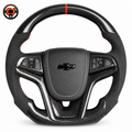 Custom Chevrolet Camaro steering wheel black suede grip carbon fiber frame blue center stripe installed in modern car interior dashboard view