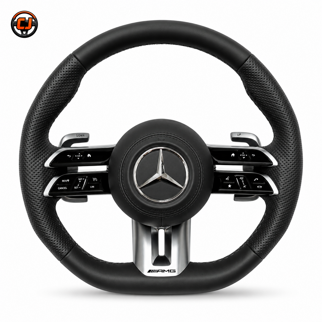 Mercedes W205 C-Class 2015-2021 black leather AMG steering wheel with perforated grips by CJ Mod Garage