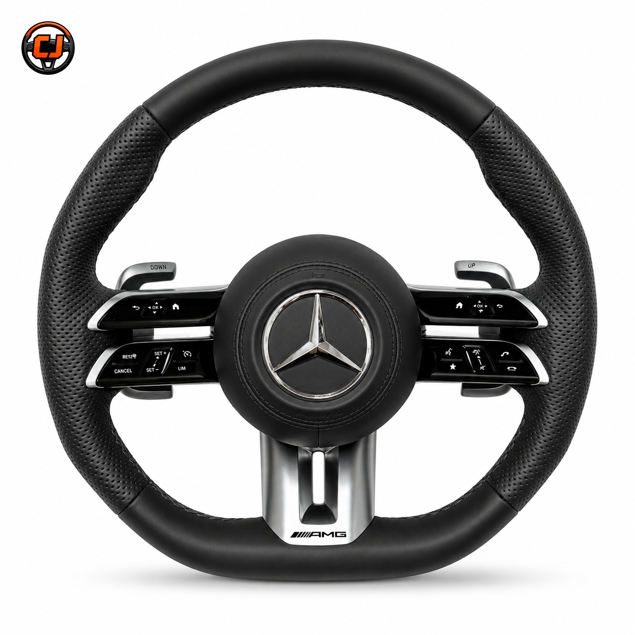 Mercedes W205 C-Class 2015-2021 black leather AMG steering wheel with perforated grips by CJ Mod Garage