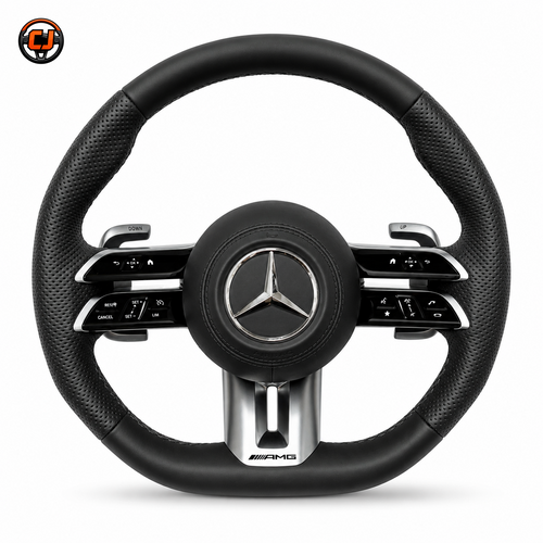 Mercedes W205 C-Class 2015-2021 black leather AMG steering wheel with perforated grips by CJ Mod Garage