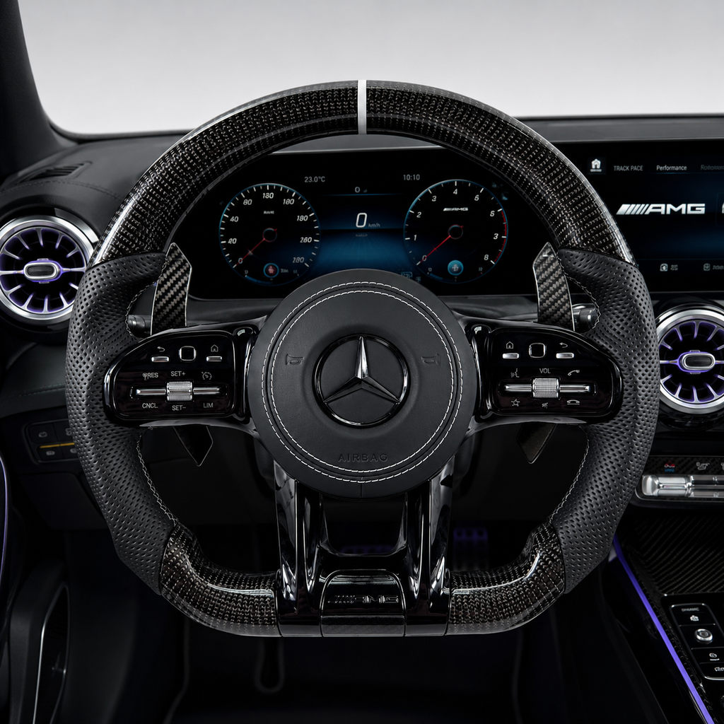 Mercedes AMG carbon fiber steering wheel with white center stripe black perforated leather grips for W117 W176 W177 W205 W213 C43 C63 C200 C300 CJ Mod Garage