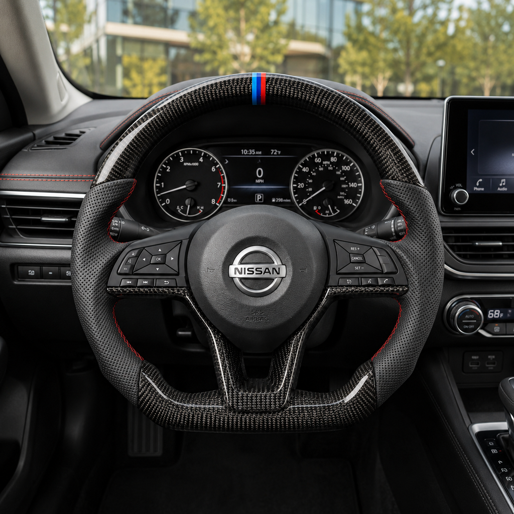 Nissan Sylphy B17 custom carbon fiber steering wheel with perforated leather grips red stitching and M style center stripe by CJ Mod Garage