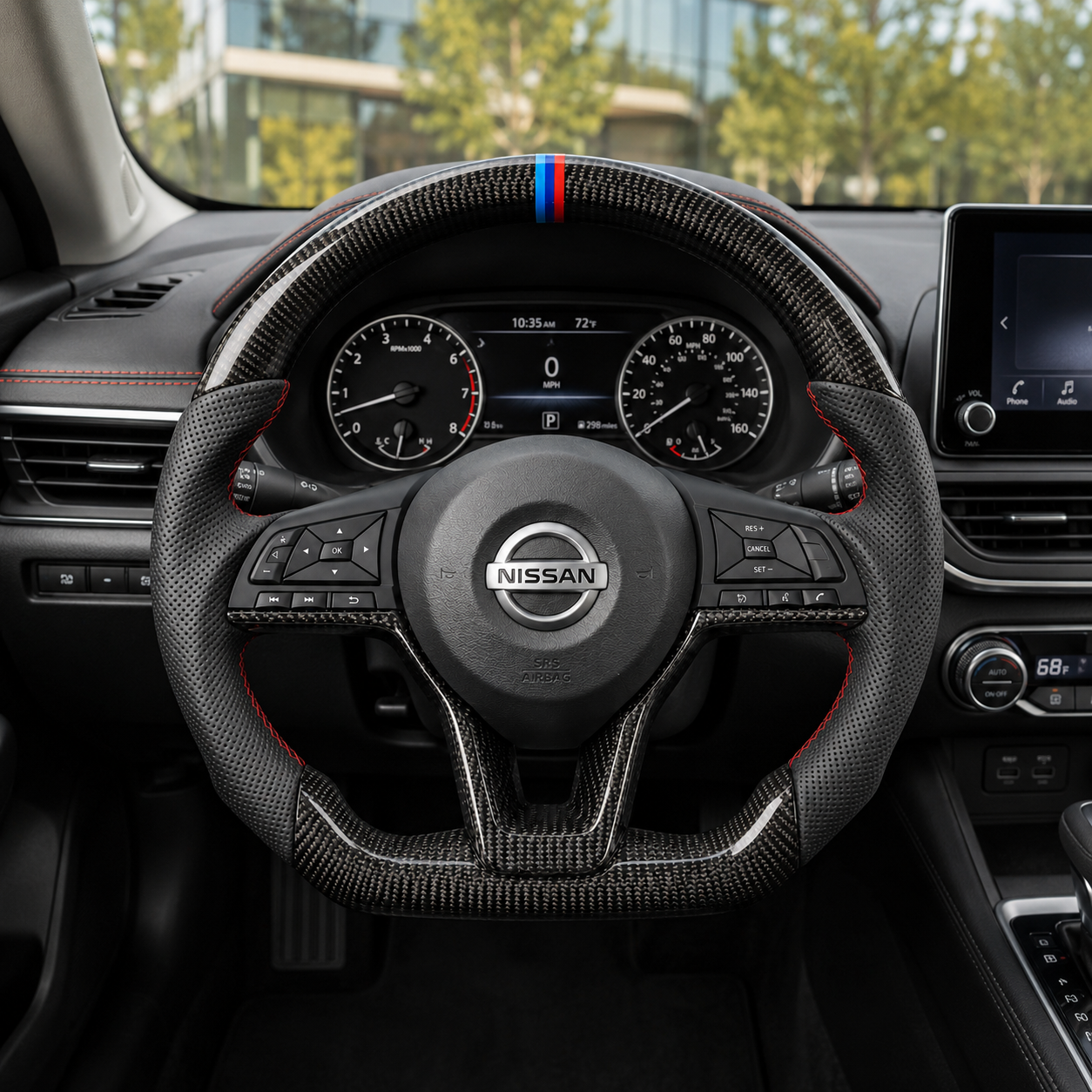 Nissan Sylphy B17 custom carbon fiber steering wheel with perforated leather grips red stitching and M style center stripe by CJ Mod Garage
