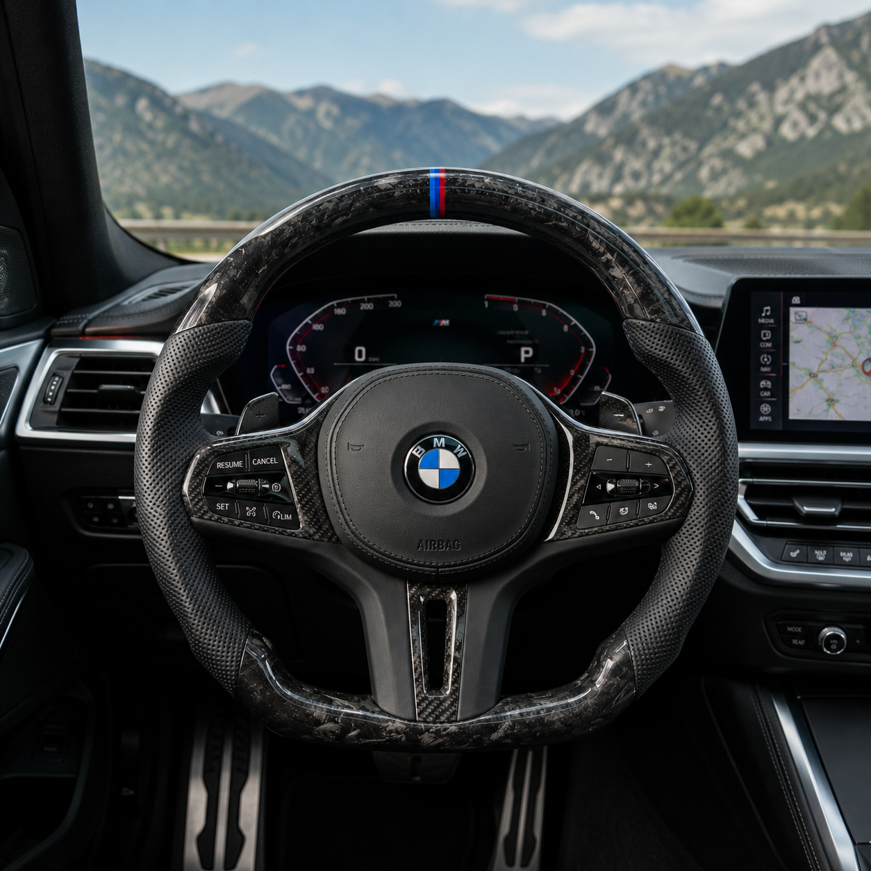CJ Mod Garage custom BMW forged carbon steering wheel installed in BMW G-chassis interior featuring forged carbon fiber finish, black perforated leather grips, flat-bottom sport design, M tricolor 12 o’clock stripe, OEM-style multifunction controls, compatible with BMW G02 G05 G06 G09 G11 G12 G15 G20 G22 G28 G29 G30 G38 G80 G82 F40 F90 models