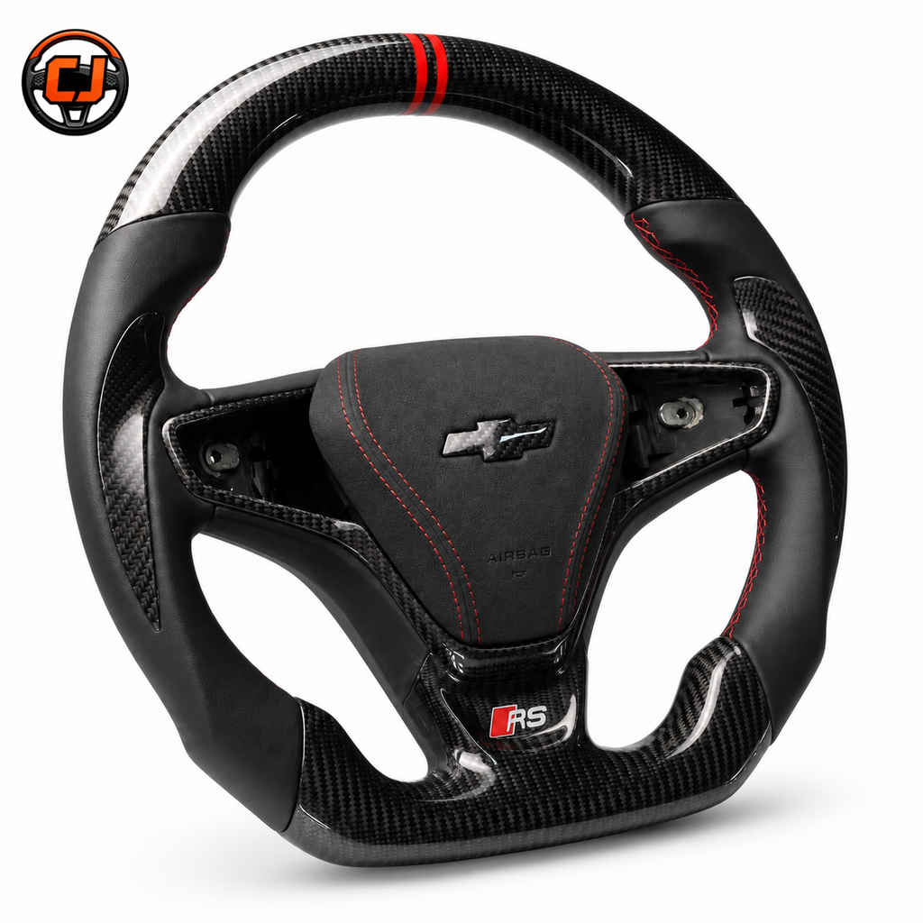 Custom Chevrolet Malibu Cruze carbon fiber steering wheel with black leather grip suede airbag cover red stitching and double red center stripe