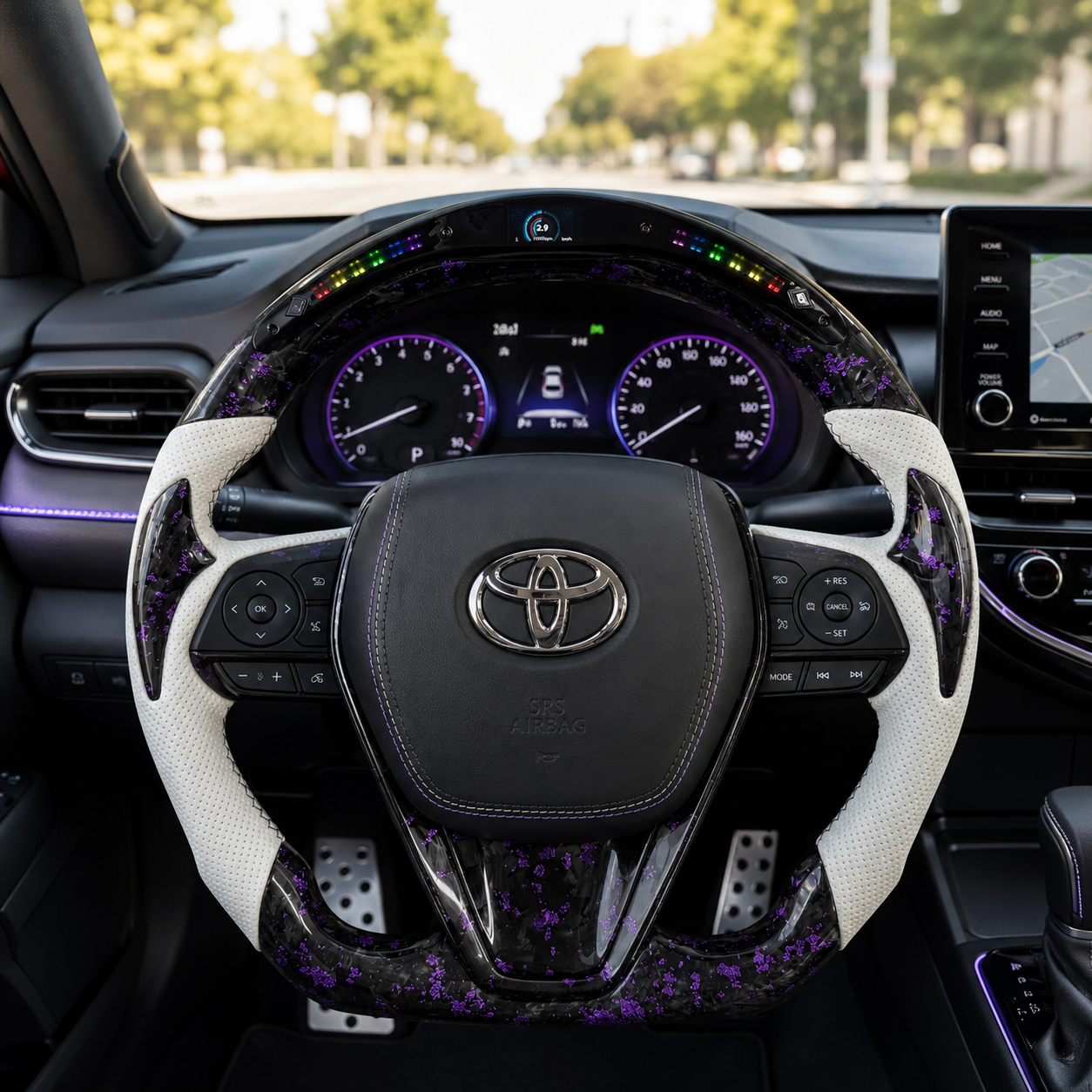 Toyota Camry forged carbon fiber steering wheel with purple flakes, white perforated leather grips and LED shift light display installed in vehicle interior by CJ Mod Garage