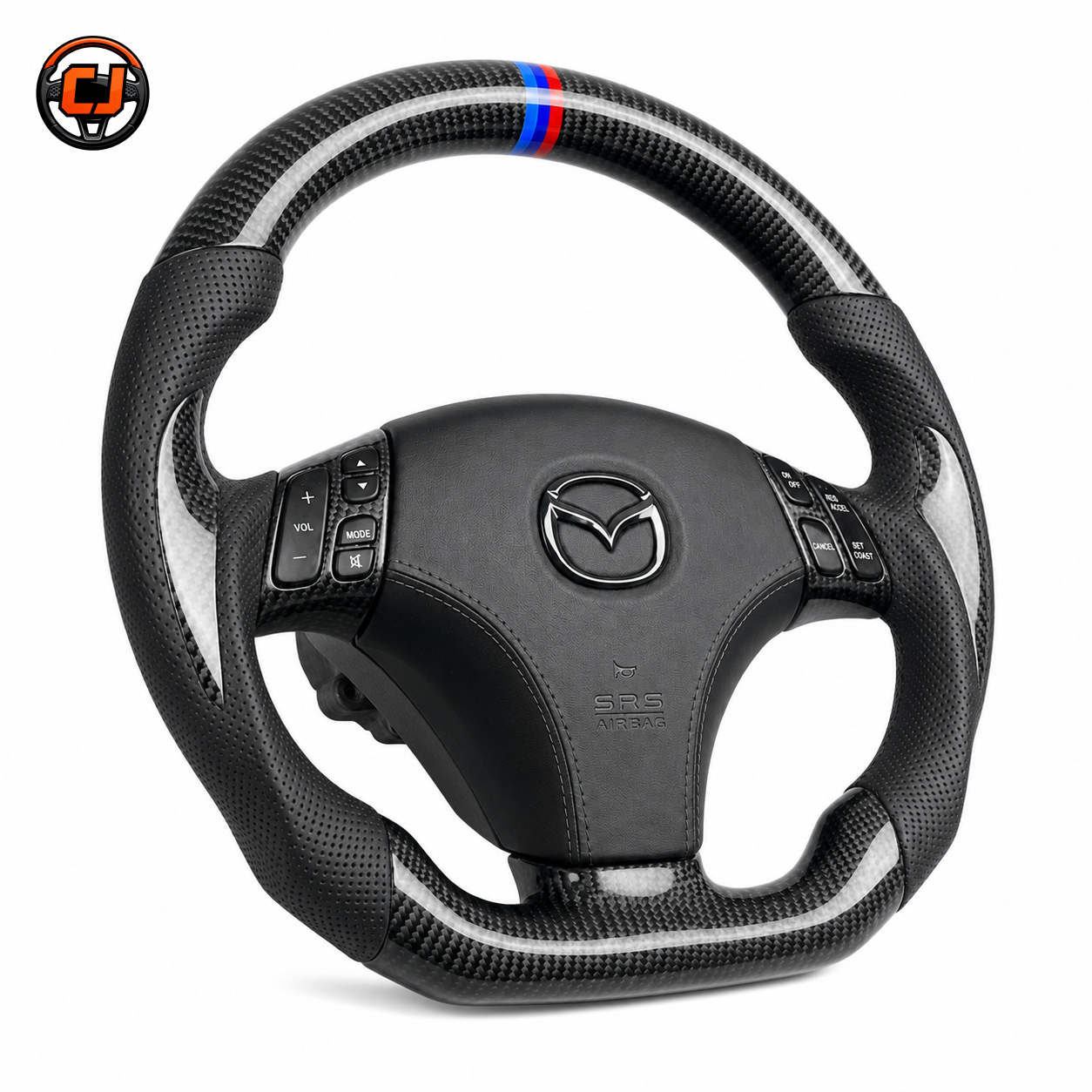 Custom Mazda steering wheel with gloss carbon fiber top and bottom perforated leather grips tri color center stripe and OEM Mazda airbag cover
