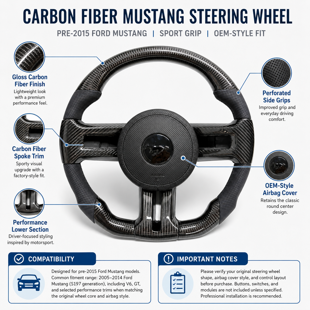 FOR Ford Mustang S197/GT2005-2015 Carbon Fiber Steering Wheel - Black Carbon Fiber & Black Perforated Leather - CJ Mod Garage & Product Details Image