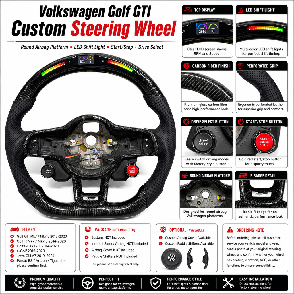 Volkswagen Golf GTI MK7 2013 to 2020 LED carbon steering wheel feature board with R badge CJ Mod Garage