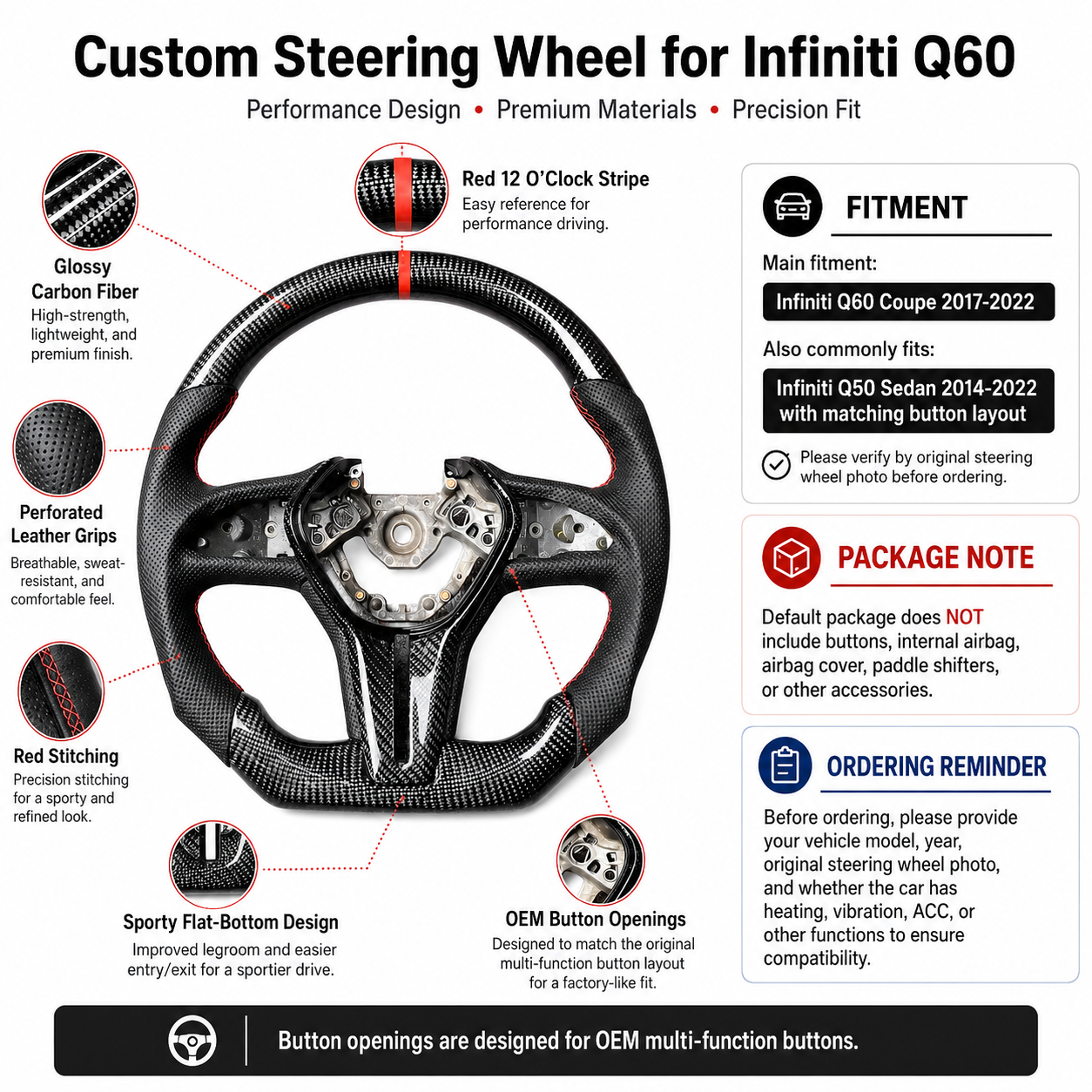 Infiniti Q60 custom carbon fiber steering wheel featuring glossy carbon weave perforated leather grips flat bottom design and OEM fitment by CJ Mod Garage