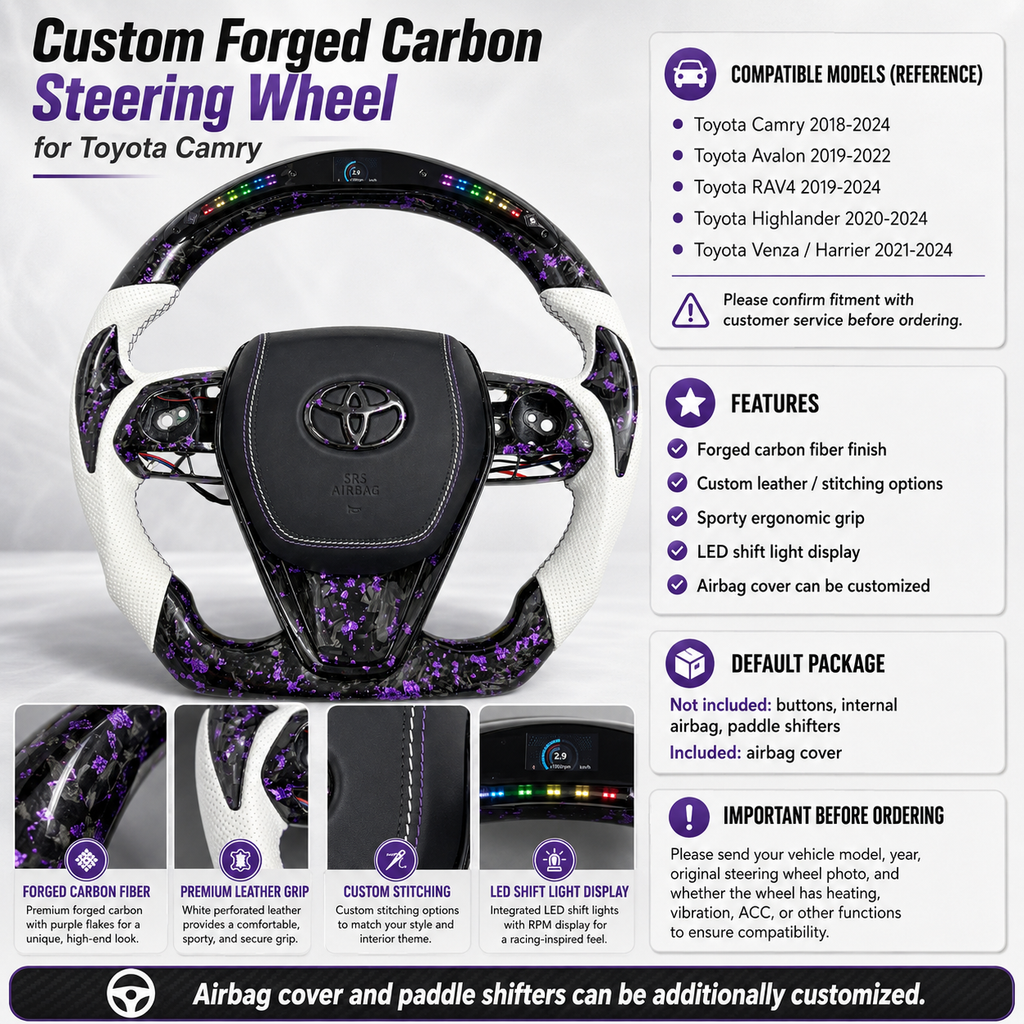 Custom Toyota Camry 2018-2024 steering wheel featuring forged carbon fiber with purple accents, white leather sections, LED RPM display and handcrafted stitching by CJ Mod Garage