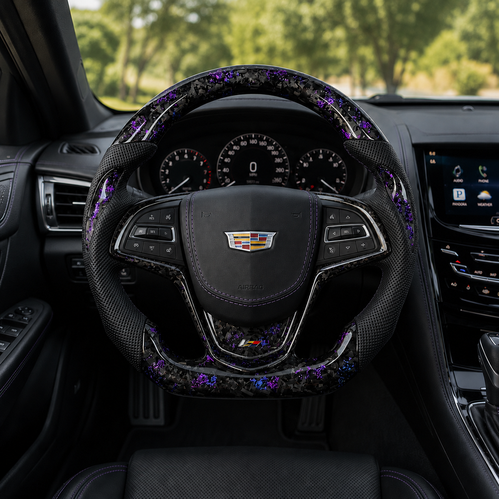 Cadillac ATS purple forged carbon and perforated leather steering wheel installed in cabin by CJ Mod Garage