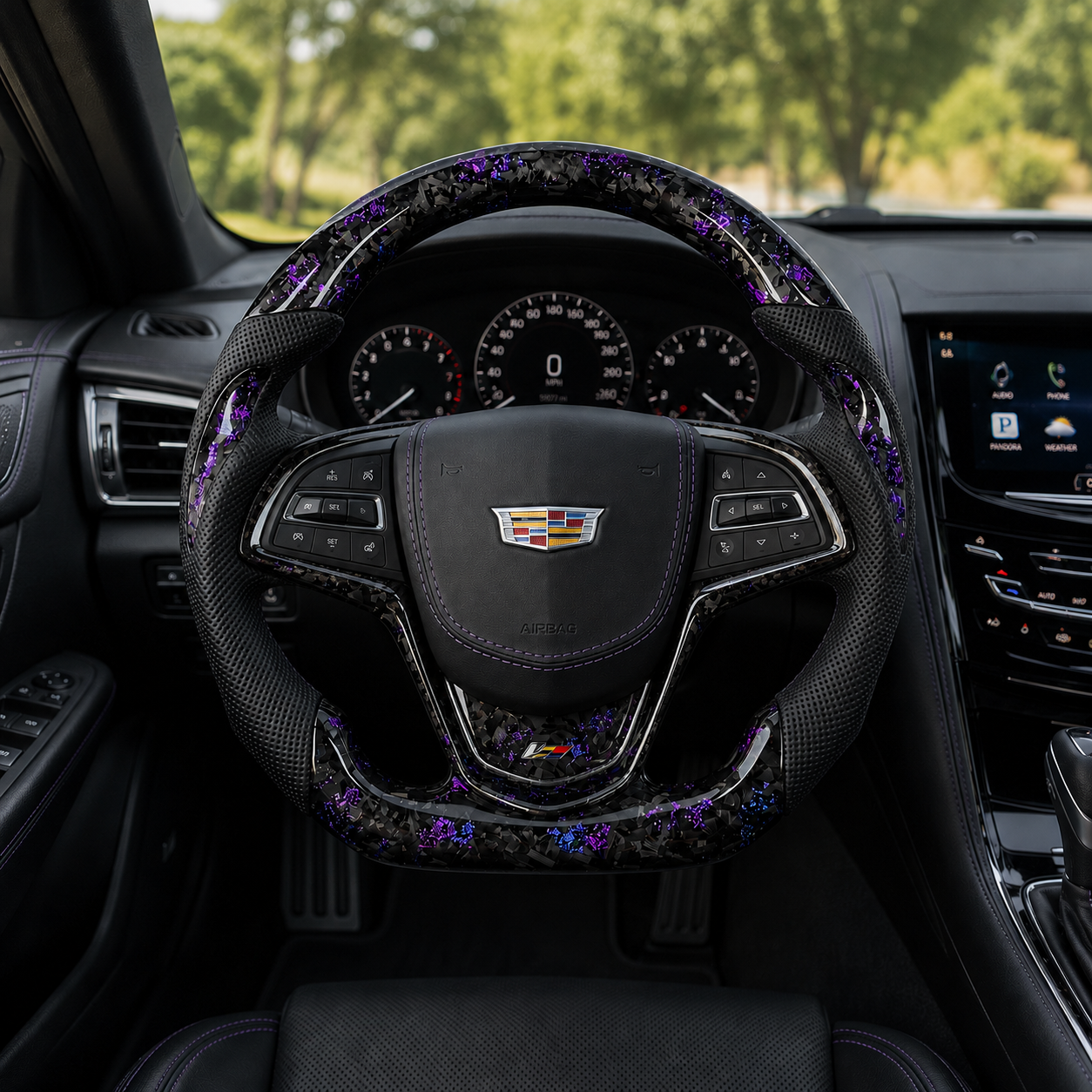 Cadillac ATS purple forged carbon and perforated leather steering wheel installed in cabin by CJ Mod Garage