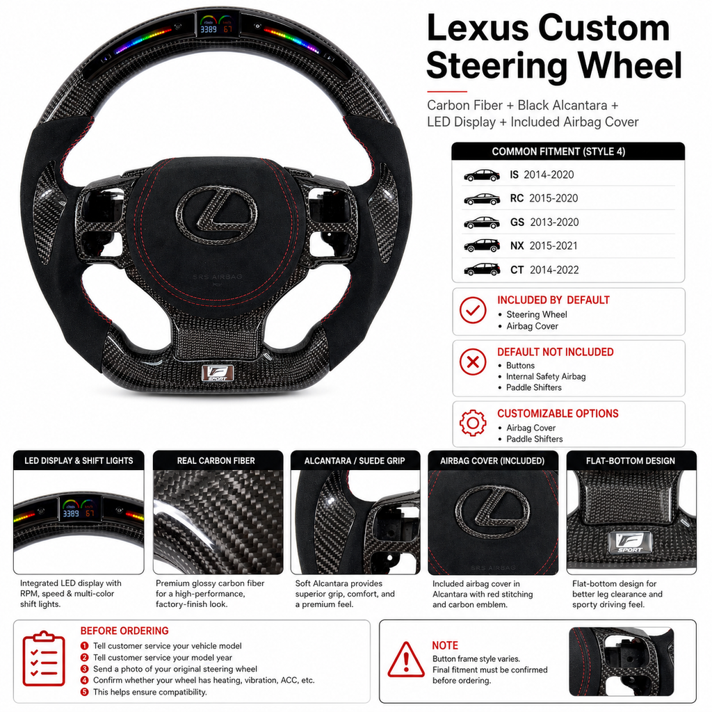 Custom Lexus Carbon Fiber Steering Wheel Featuring Alcantara Side Grips LED Display Included Airbag Cover And Flat Bottom Performance Design For Lexus IS 2014 2020 RC 2015 2020 GS 2013 2020 NX 2015 2021 CT 2014 2022 CJ Mod Garage