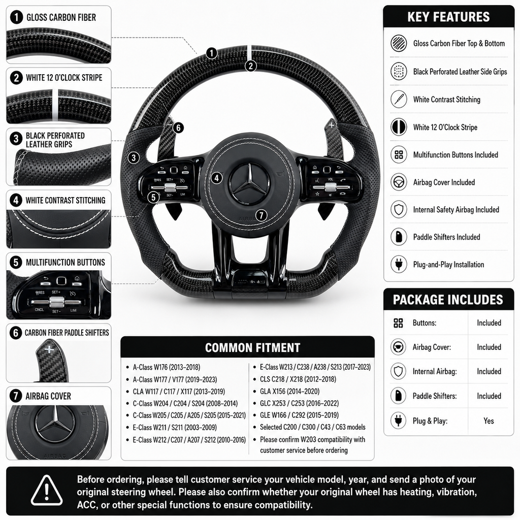 Custom Mercedes AMG steering wheel with gloss carbon fiber white stitching paddle shifters for W203 W204 W205 W211 W212 W218 C43 C63 C200 C300 CJ Mod Garage