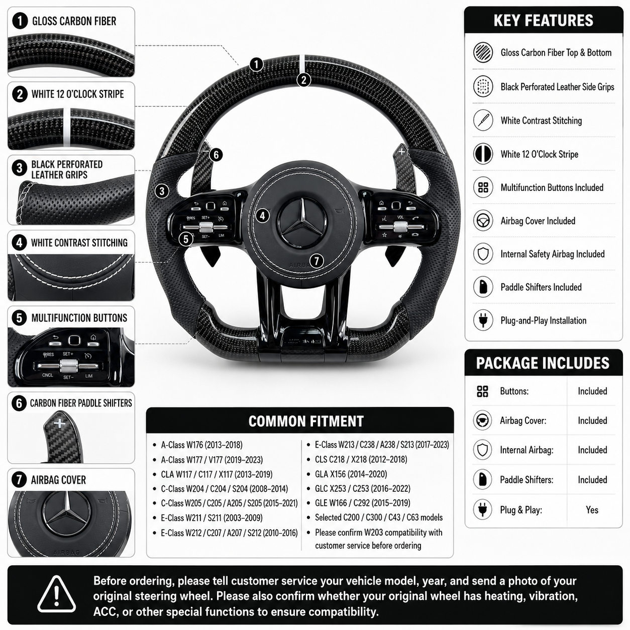 Custom Mercedes AMG steering wheel with gloss carbon fiber white stitching paddle shifters for W203 W204 W205 W211 W212 W218 C43 C63 C200 C300 CJ Mod Garage