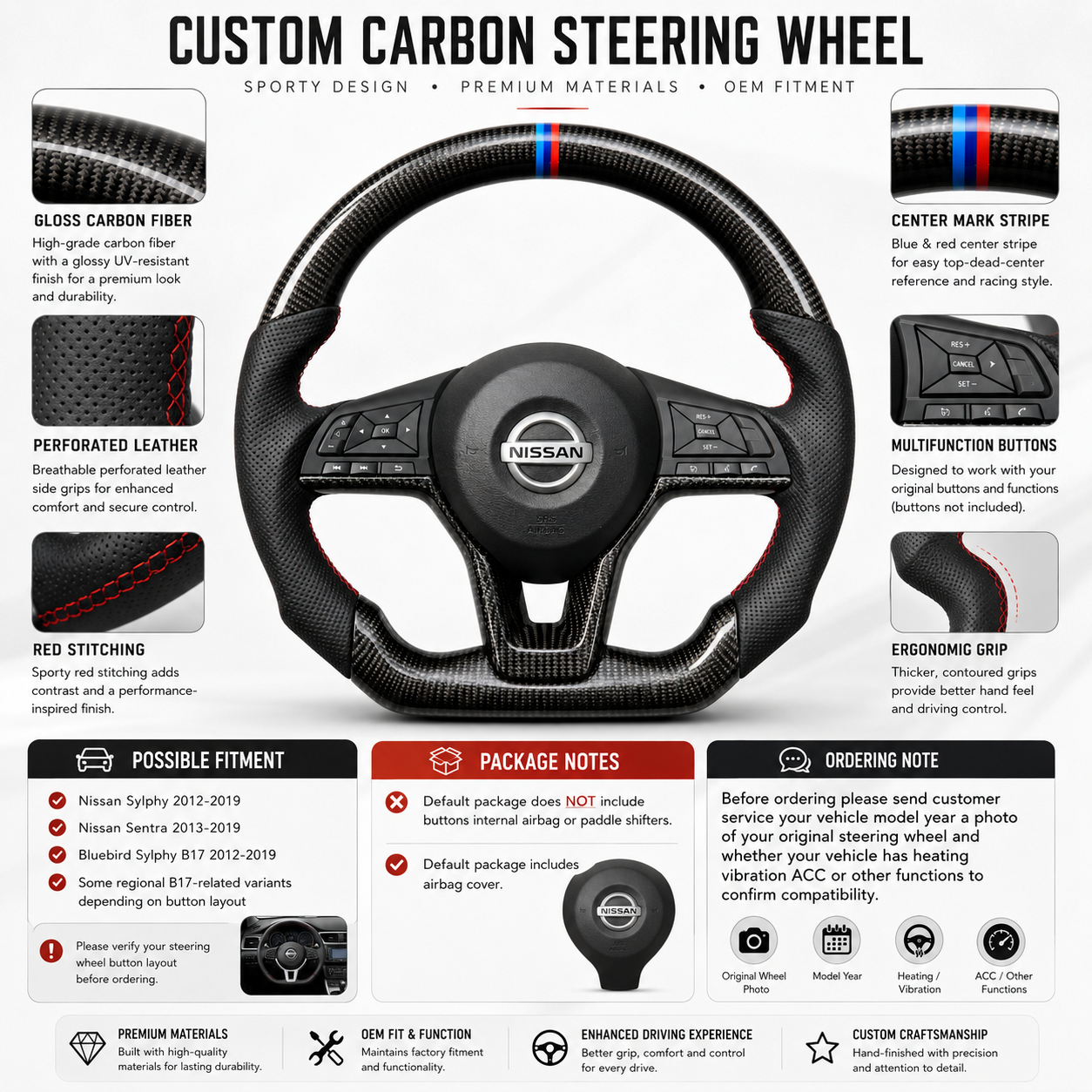 Nissan Sentra B17 forged carbon fiber steering wheel featuring gloss carbon finish ergonomic leather grips and red contrast stitching by CJ Mod Garage